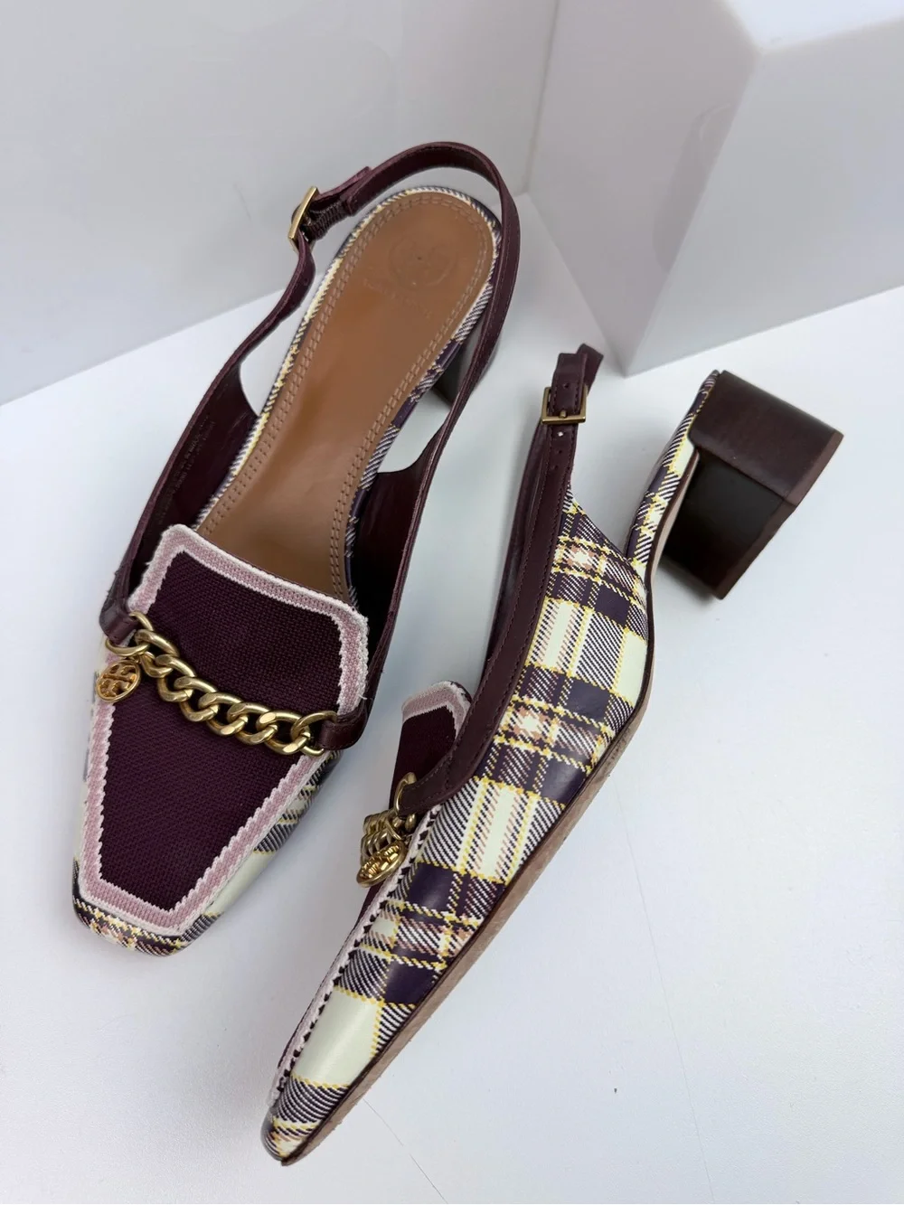 Tory Burch Mini Benton Charm Slingback Loafers Size 10.5 Plaid Burgundy